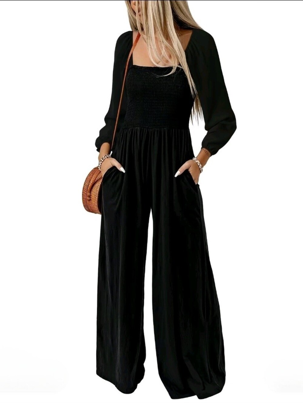Black Smocked Wide-Leg Jumpsuit with Pockets